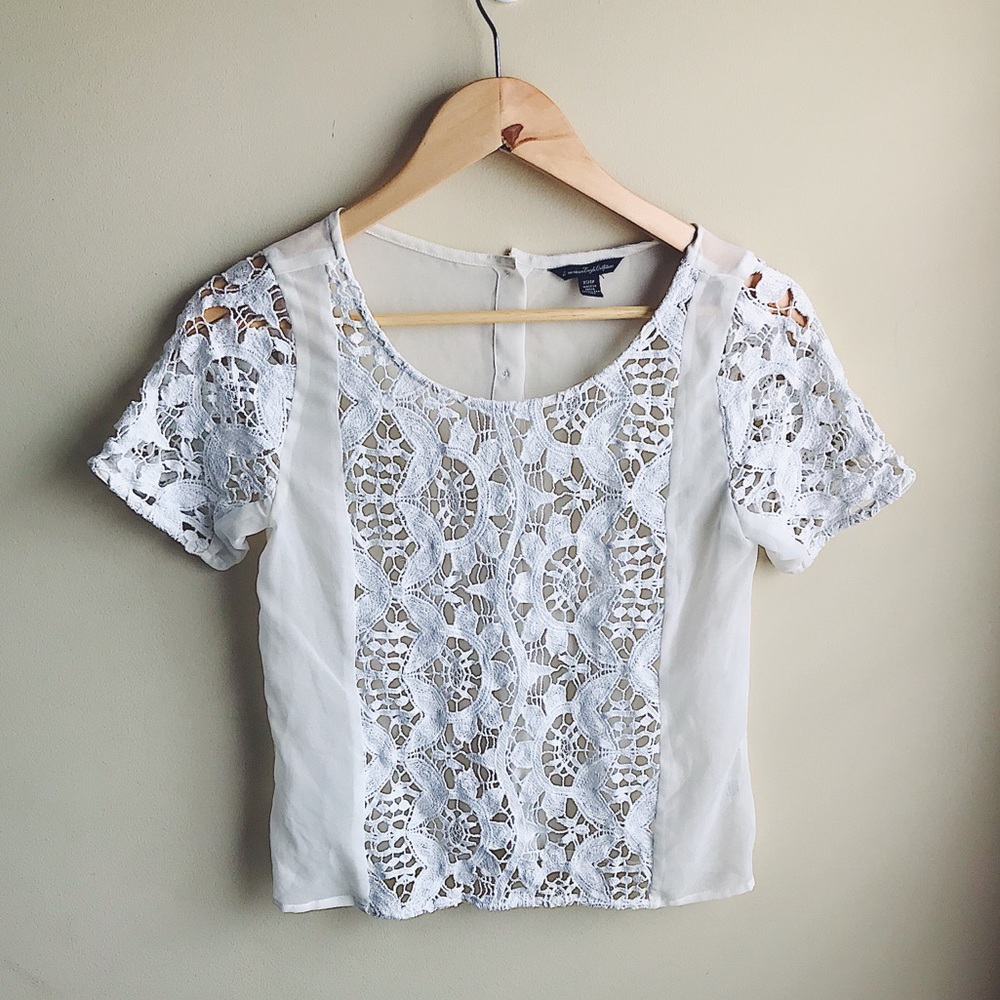 AEO White Sheer Crochet Open Back Top